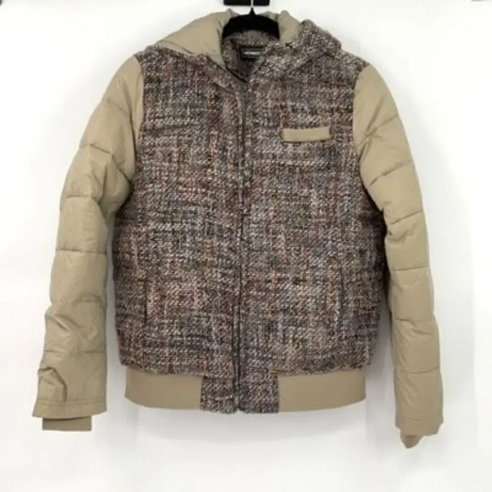 Members Only Green Brown Wool Blend Bomber Tweed Puffer Jacket Medium